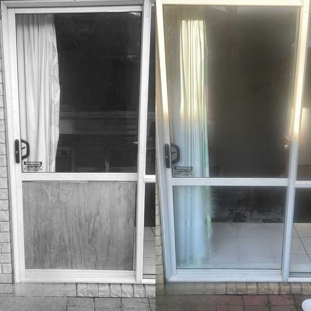 a before an after photo of a ranch slider door with a piece of broken glass that has now been replaced
